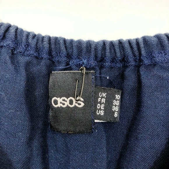 ASO Alexis Rose Schitts Creek -ASOS Navy Blue Off The Shoulder Eyelet Trim Dress - Picture 6 of 7